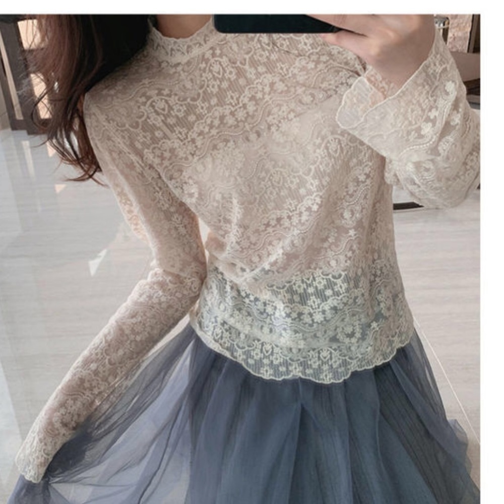 Lace blouse top floral womens long sleeve cream white - Picture 4 of 7